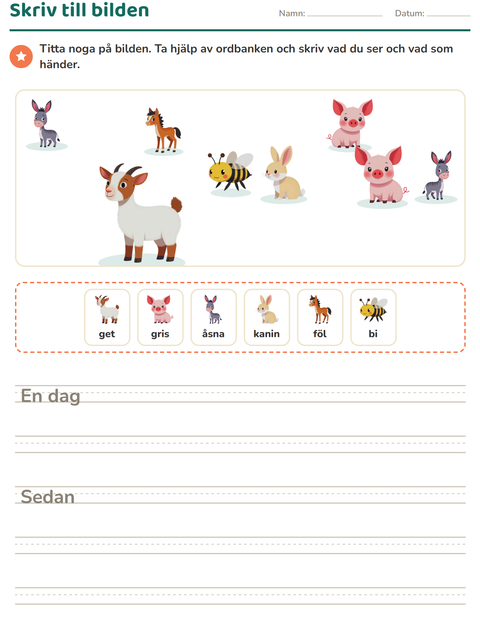 Förhandsvisning av Skriv till bilden-arbetsblad med Bondgårdsdjur för Årskurs 2