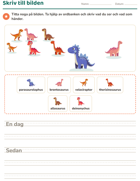Förhandsvisning av Skriv till bilden-arbetsblad med Dinosaurier för Årskurs 2