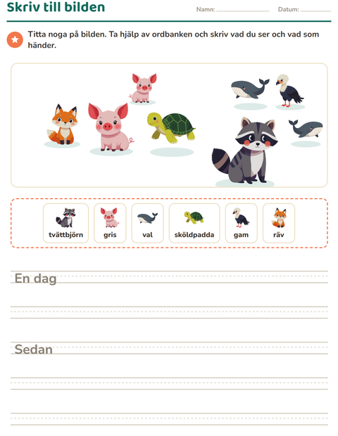 Förhandsvisning av Skriv till bilden-arbetsblad med Djur för Årskurs 2