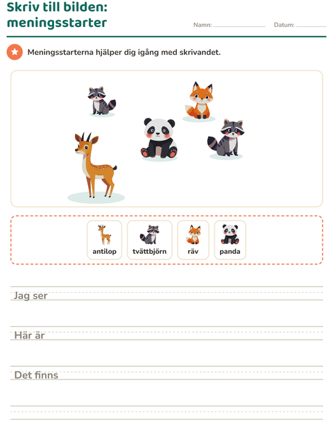 Förhandsvisning av Skriv till bilden-arbetsblad med Djur för Årskurs 2