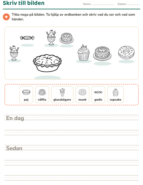 Förhandsvisning av Skriv till bilden-arbetsblad med Efterrätt (S/V) för Årskurs 2