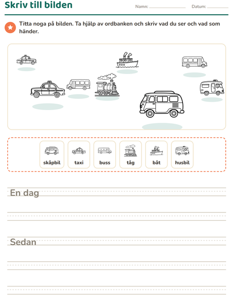 Förhandsvisning av Skriv till bilden-arbetsblad med Fordon SV 2 för Årskurs 2
