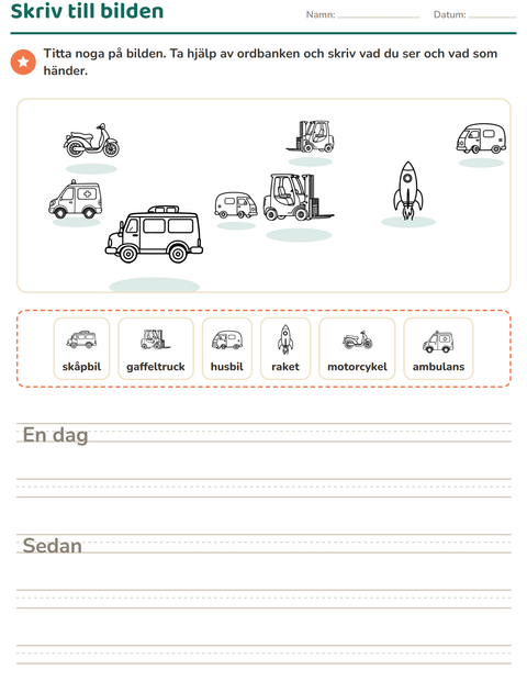 Förhandsvisning av Skriv till bilden-arbetsblad med Fordon SV 3 för Årskurs 2