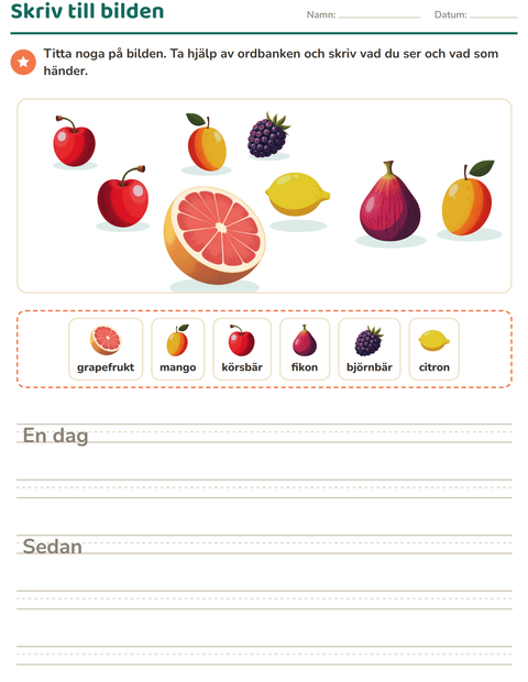 Förhandsvisning av Skriv till bilden-arbetsblad med Frukter för Årskurs 2