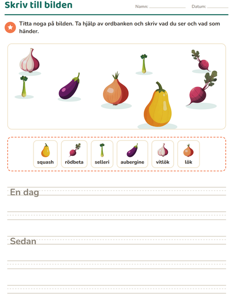 Förhandsvisning av Skriv till bilden-arbetsblad med Grönsaker för Årskurs 2