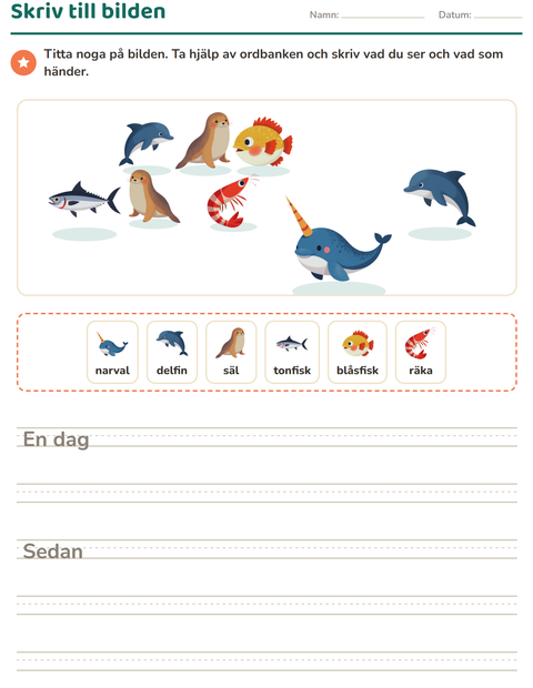 Förhandsvisning av Skriv till bilden-arbetsblad med Havsliv för Årskurs 2
