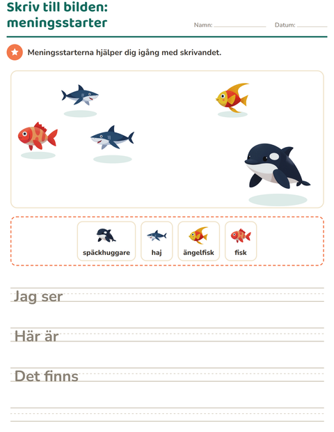 Förhandsvisning av Skriv till bilden-arbetsblad med Havsliv för Årskurs 2