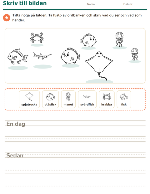 Förhandsvisning av Skriv till bilden-arbetsblad med Havsliv SV för Årskurs 2