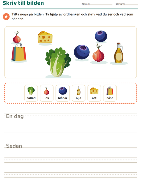 Förhandsvisning av Skriv till bilden-arbetsblad med I snabbköpet för Årskurs 2