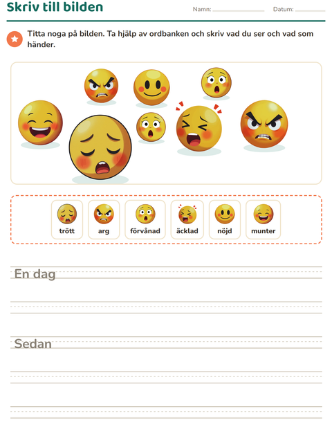 Förhandsvisning av Skriv till bilden-arbetsblad med Känslor för Årskurs 2