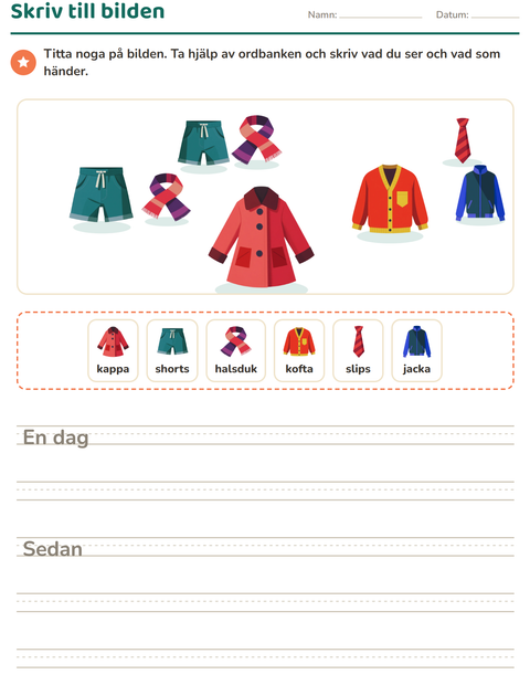 Förhandsvisning av Skriv till bilden-arbetsblad med Kläder för Årskurs 2