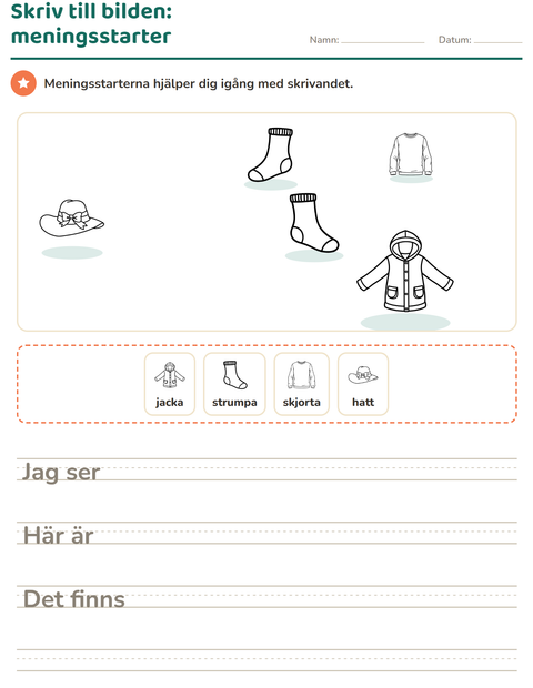 Förhandsvisning av Skriv till bilden-arbetsblad med Kläder SV för Årskurs 2