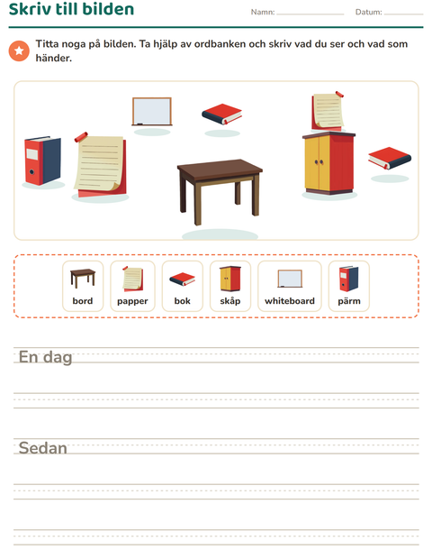 Förhandsvisning av Skriv till bilden-arbetsblad med Klassrum för Årskurs 2