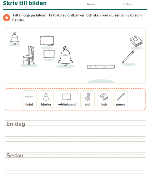 Förhandsvisning av Skriv till bilden-arbetsblad med Klassrum (S/V) för Årskurs 2