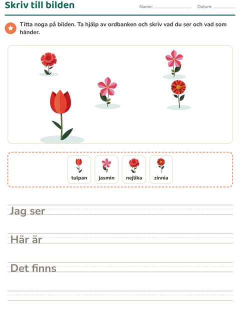 Förhandsvisning av Skriv till bilden-arbetsblad med Blommor för Årskurs 2