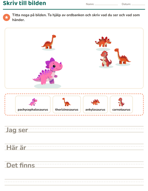 Förhandsvisning av Skriv till bilden-arbetsblad med Dinosaurier för Årskurs 2