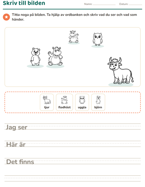 Förhandsvisning av Skriv till bilden-arbetsblad med Djur SV för Årskurs 2