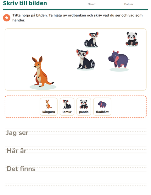 Förhandsvisning av Skriv till bilden-arbetsblad med Djurparksdjur för Årskurs 2
