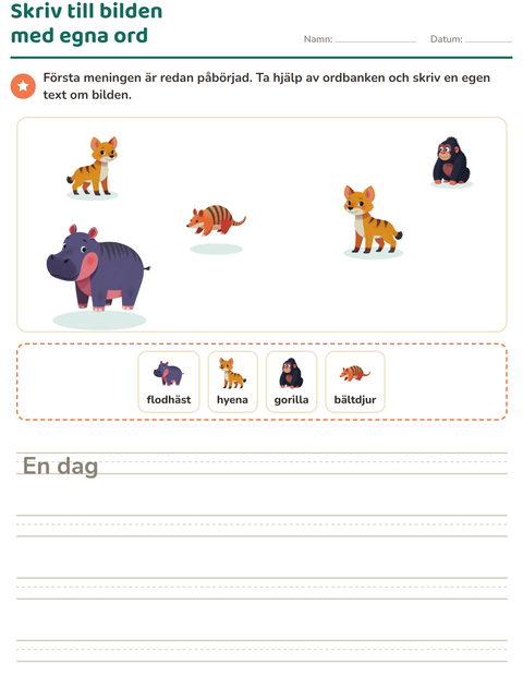 Förhandsvisning av Skriv till bilden-arbetsblad med Djurparksdjur för Årskurs 2