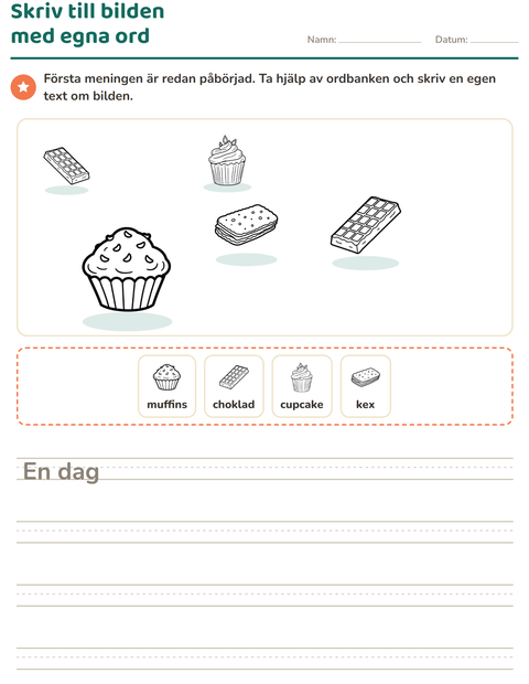 Förhandsvisning av Skriv till bilden-arbetsblad med Efterrätt (S/V) för Årskurs 2