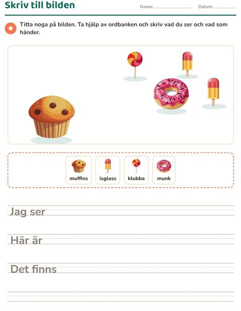 Förhandsvisning av Skriv till bilden-arbetsblad med Efterrätter och godis för Årskurs 2