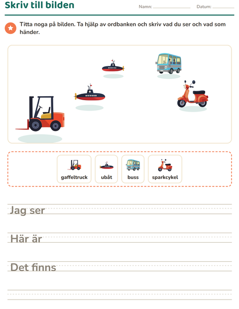 Förhandsvisning av Skriv till bilden-arbetsblad med Fordon för Årskurs 2