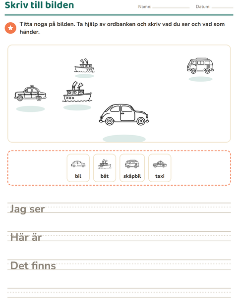 Förhandsvisning av Skriv till bilden-arbetsblad med Fordon SV 2 för Årskurs 2