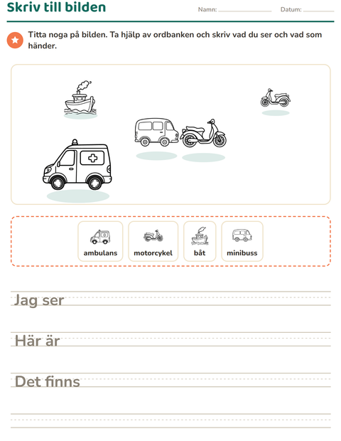 Förhandsvisning av Skriv till bilden-arbetsblad med Fordon SV 3 för Årskurs 2