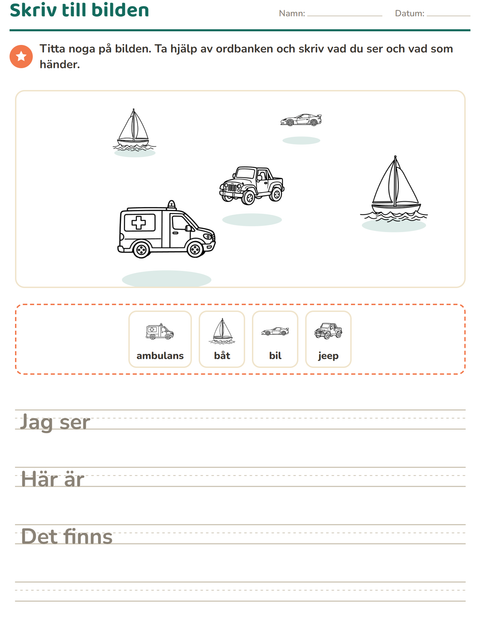 Förhandsvisning av Skriv till bilden-arbetsblad med Fordon SV för Årskurs 2