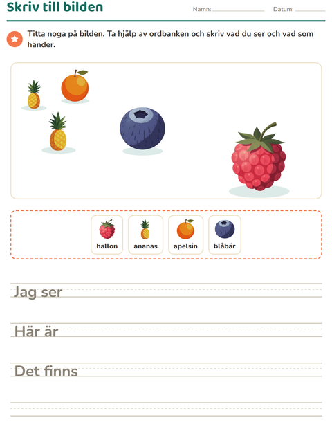 Förhandsvisning av Skriv till bilden-arbetsblad med Frukter för Årskurs 2