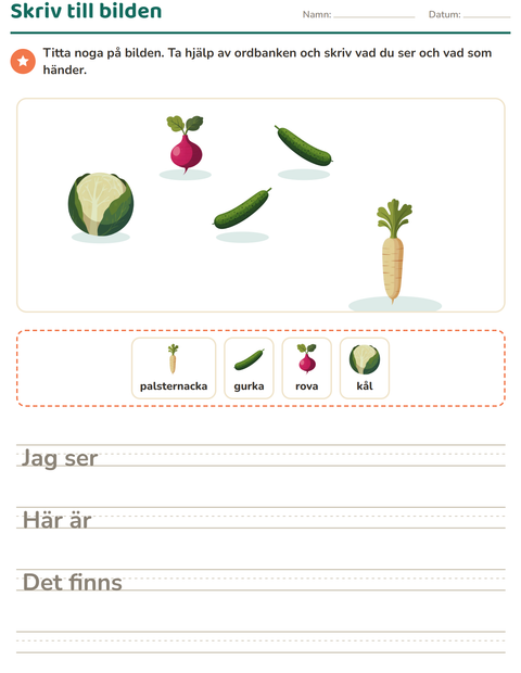 Förhandsvisning av Skriv till bilden-arbetsblad med Grönsaker för Årskurs 2