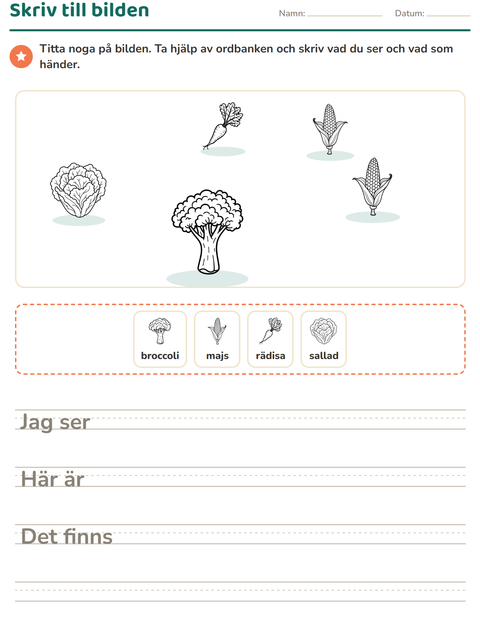 Förhandsvisning av Skriv till bilden-arbetsblad med Grönsaker SV för Årskurs 2