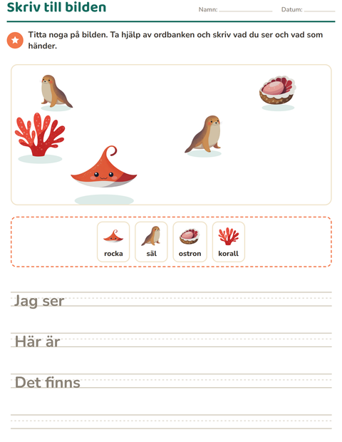 Förhandsvisning av Skriv till bilden-arbetsblad med Havsliv för Årskurs 2