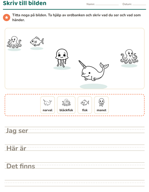 Förhandsvisning av Skriv till bilden-arbetsblad med Havsliv SV 2 för Årskurs 2