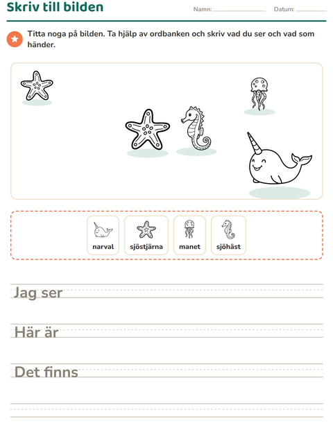 Förhandsvisning av Skriv till bilden-arbetsblad med Havsliv SV för Årskurs 2