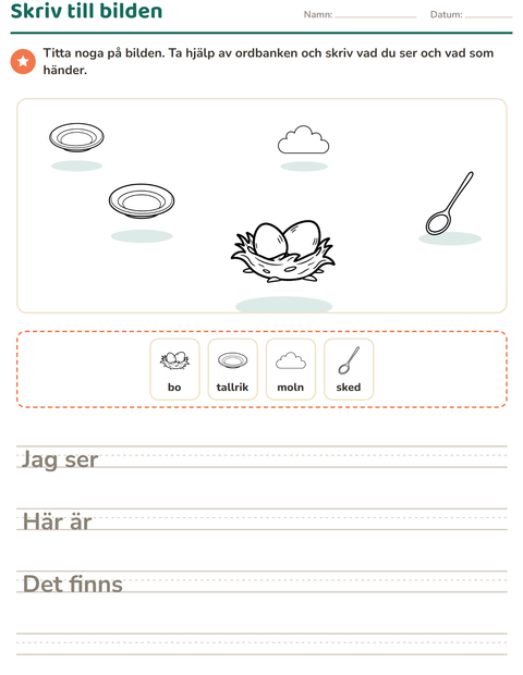 Förhandsvisning av Skriv till bilden-arbetsblad med Hem och Natur SV för Årskurs 2