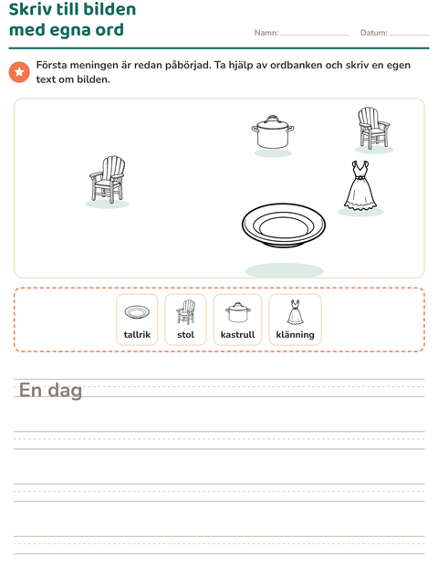 Förhandsvisning av Skriv till bilden-arbetsblad med Hem och Natur SV för Årskurs 2