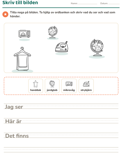 Förhandsvisning av Skriv till bilden-arbetsblad med Hushåll SV för Årskurs 2