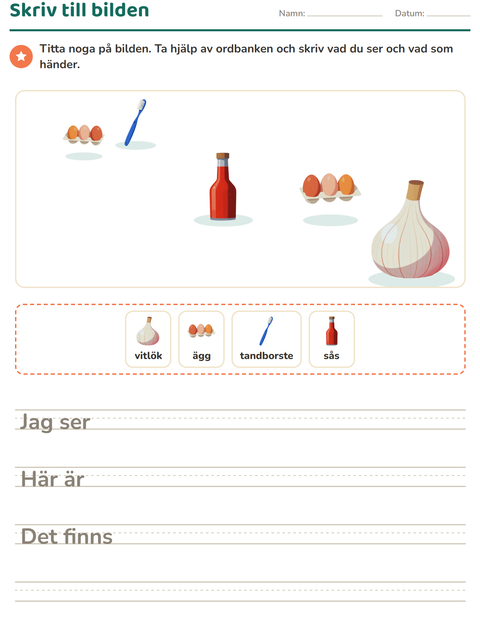 Förhandsvisning av Skriv till bilden-arbetsblad med I snabbköpet för Årskurs 2