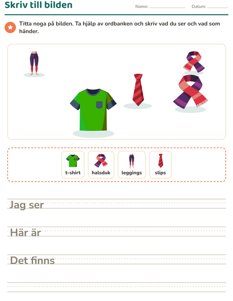 Förhandsvisning av Skriv till bilden-arbetsblad med Kläder för Årskurs 2