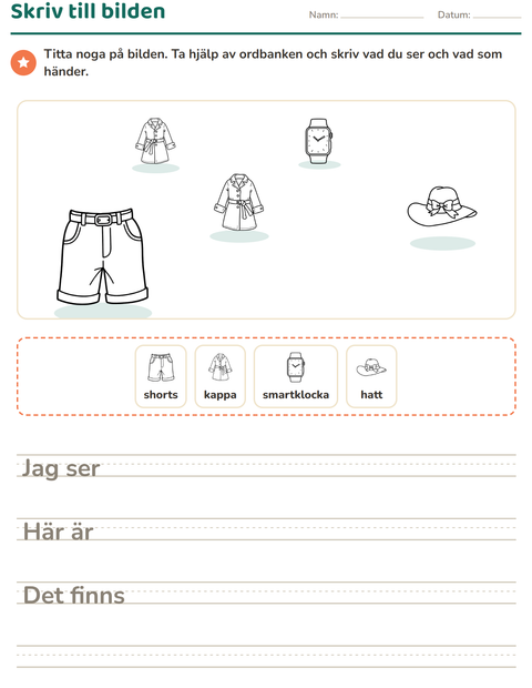 Förhandsvisning av Skriv till bilden-arbetsblad med Kläder SV för Årskurs 2