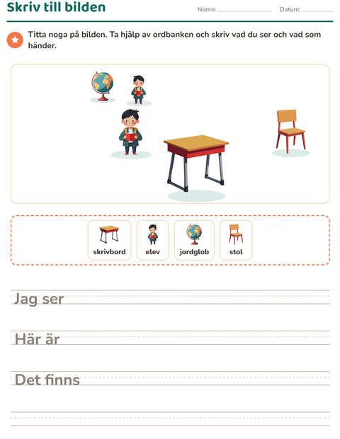 Förhandsvisning av Skriv till bilden-arbetsblad med Klassrum för Årskurs 2