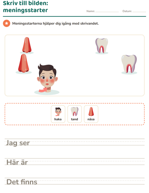 Förhandsvisning av Skriv till bilden-arbetsblad med Kroppsdelar för Årskurs 2