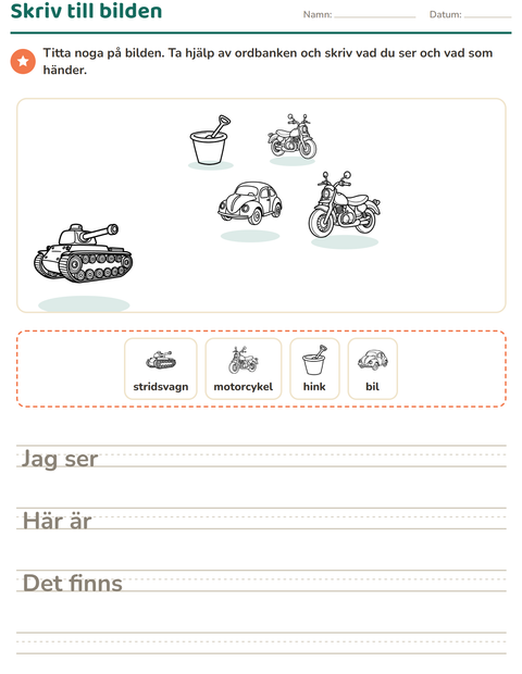 Förhandsvisning av Skriv till bilden-arbetsblad med Leksaker SV för Årskurs 2