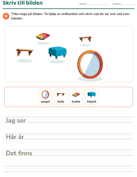 Förhandsvisning av Skriv till bilden-arbetsblad med Möbler för Årskurs 2
