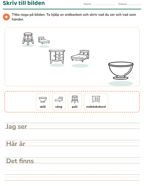 Förhandsvisning av Skriv till bilden-arbetsblad med Möbler SV för Årskurs 2