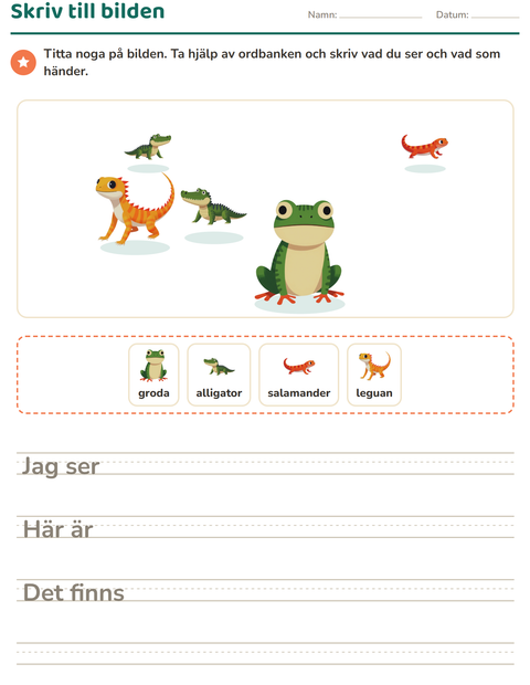 Förhandsvisning av Skriv till bilden-arbetsblad med Reptiler och groddjur för Årskurs 2