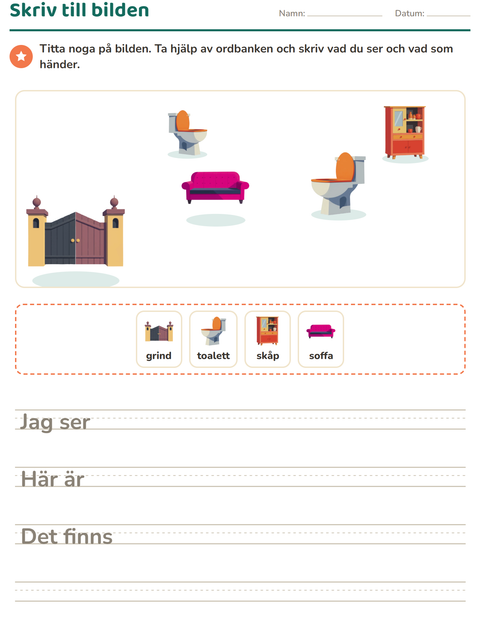 Förhandsvisning av Skriv till bilden-arbetsblad med Runt huset för Årskurs 2
