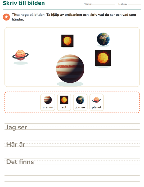 Förhandsvisning av Skriv till bilden-arbetsblad med Rymden för Årskurs 2