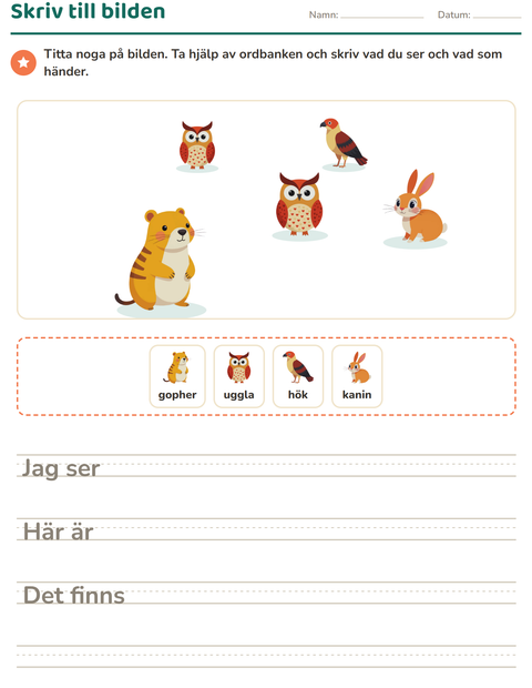 Förhandsvisning av Skriv till bilden-arbetsblad med Skogsdjur för Årskurs 2